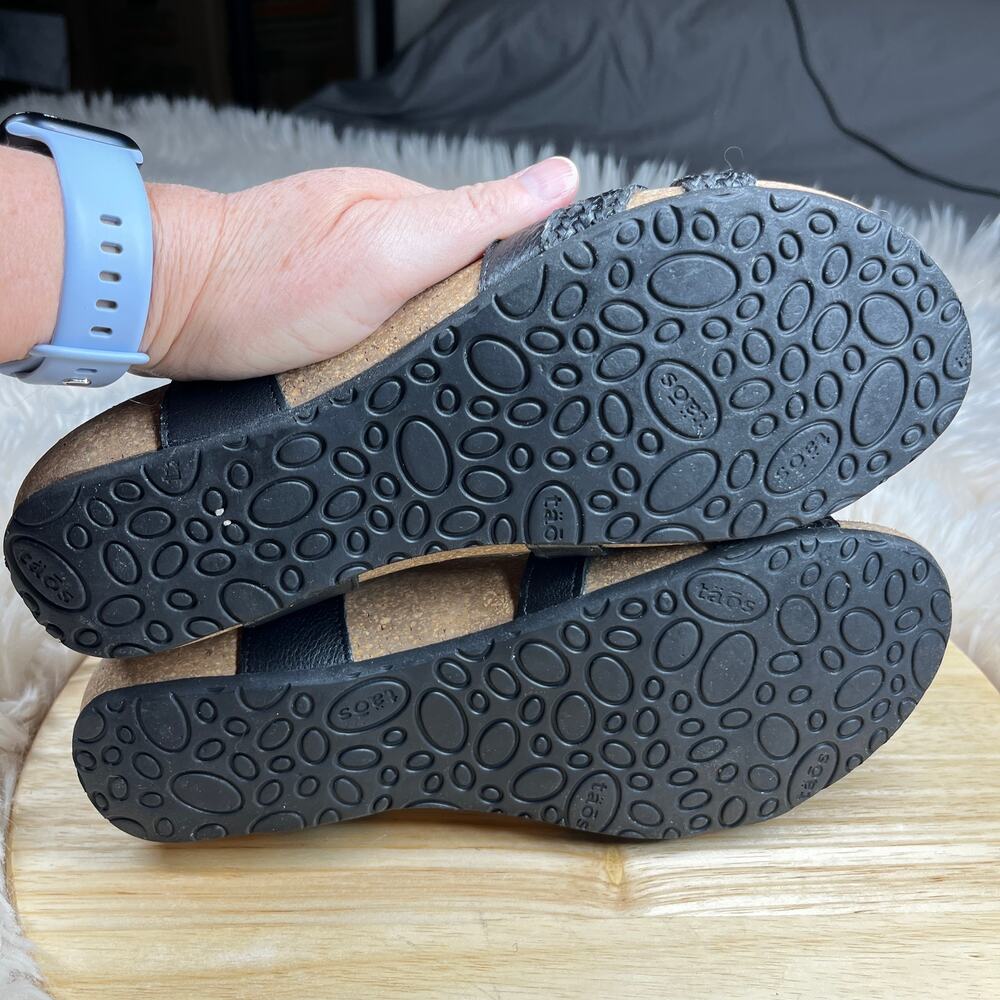 Taos Trulie Sandal Womens 9-9.5 (Eur 40) Strappy Black Woven Leather Cork Wedge - Picture 11 of 16